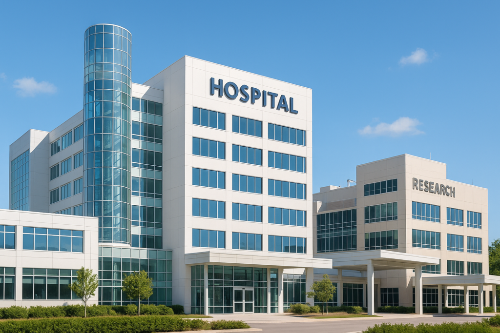 Daytime view of a modern healthcare and life sciences facility featuring a white hospital building with large reflective windows and a cylindrical glass tower, connected to a research center labeled "RESEARCH," surrounded by greenery and set against a clear blue sky.