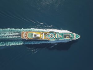 Aerial view of a colorful boat.