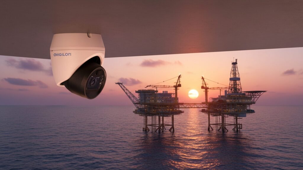 CCTV camera overlooking offshore oil rigs.