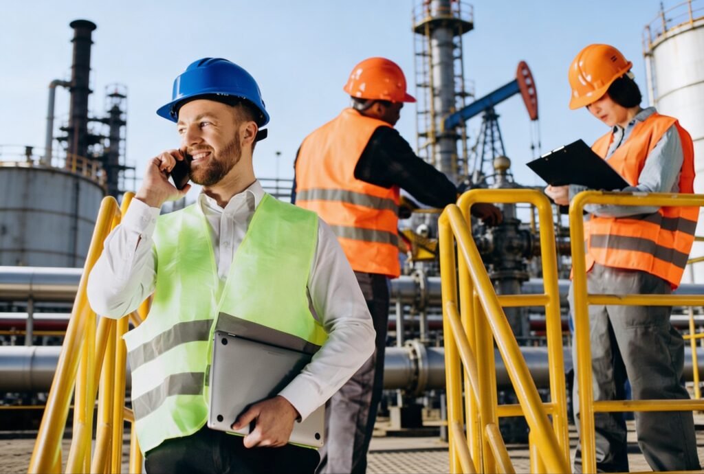 Workers in safety gear at refinery