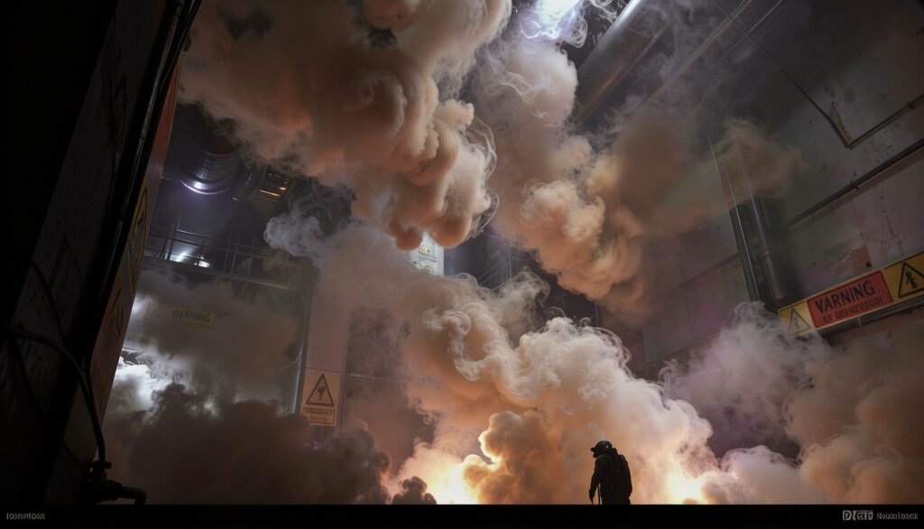 Dense smoke in industrial environment.