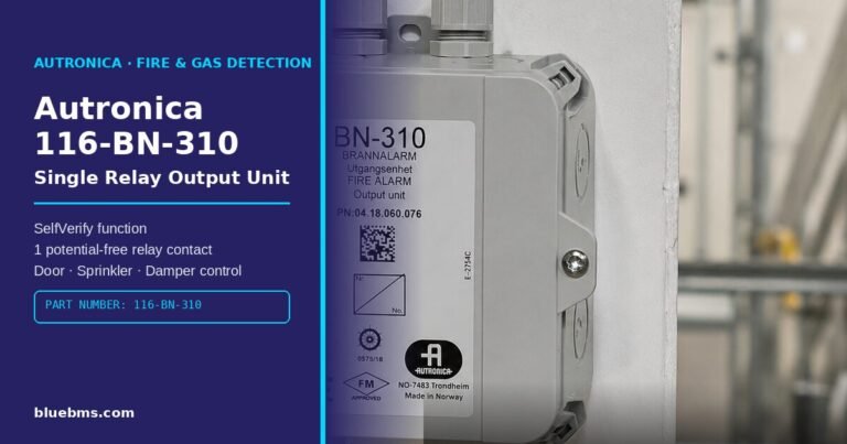 Autronica 116-BN-310 single relay output unit installed in an industrial fire detection loop
