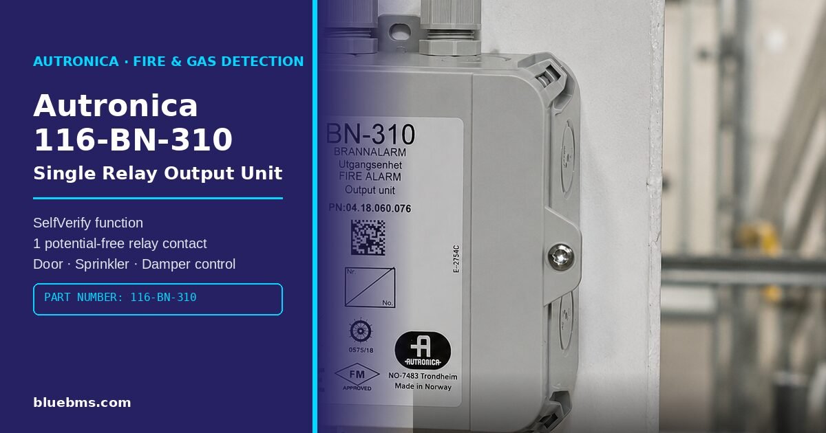 Autronica 116-BN-310 single relay output unit installed in an industrial fire detection loop