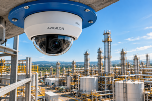 Avigilon video security camera monitoring an industrial plant, blog cover by Blue BMS