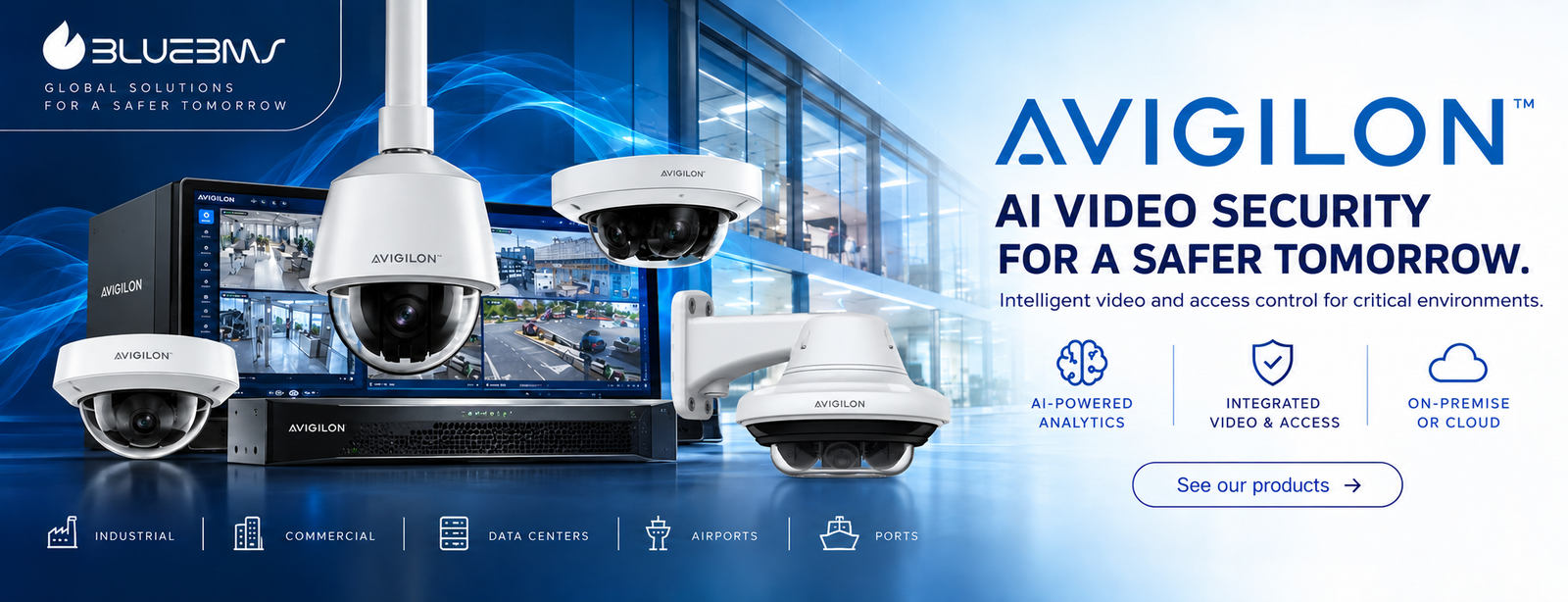 Avigilon security cameras and AI-powered video surveillance solutions by Blue BMS, featuring intelligent analytics, access control, and security systems.